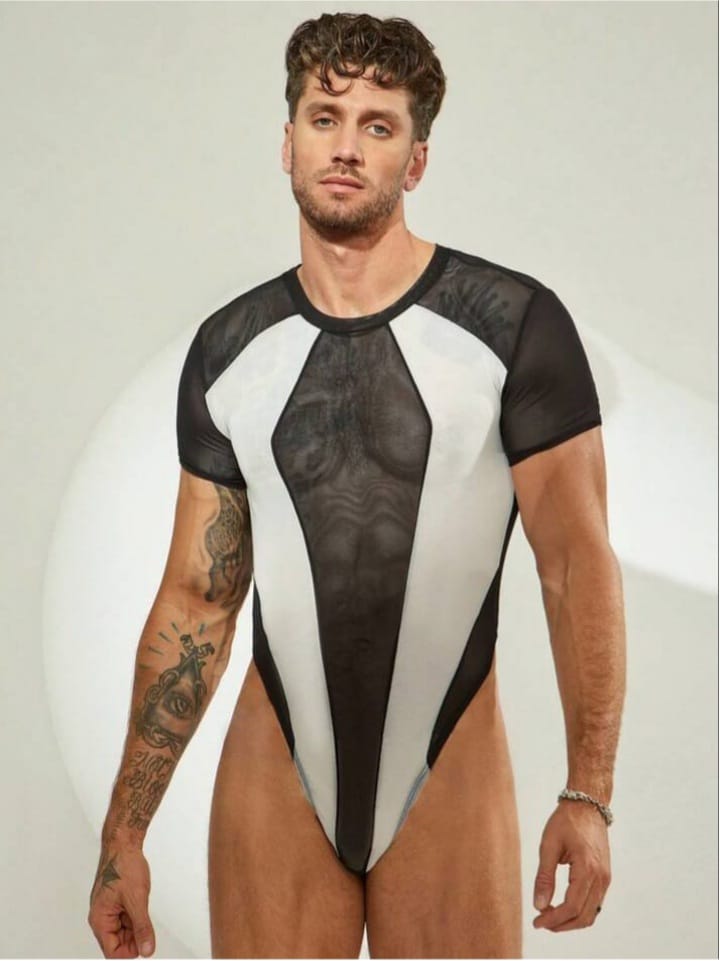 Men's Mesh See-Through Black & White Patchwork Bodysuit